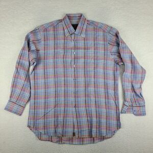Robert Talbott Shirt Mens Large Blue Brown Purple Plaid Classic‎ Linen Button Up
